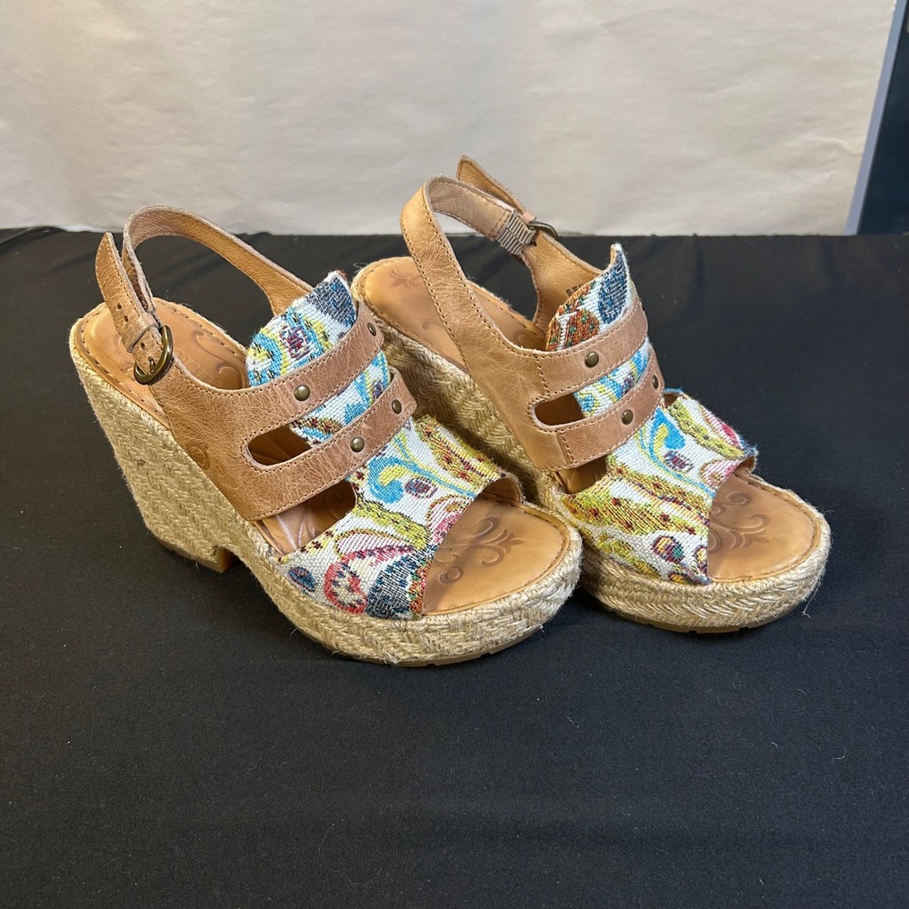 Born Brewster Platform Wedge Sandal canvas tan jute leather boho Women's Size 7